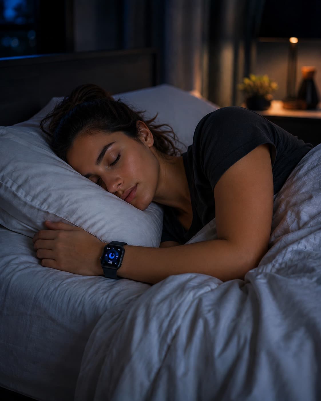 Gece, akıllı saatini takmış hâlde uyuyan bir kişi.